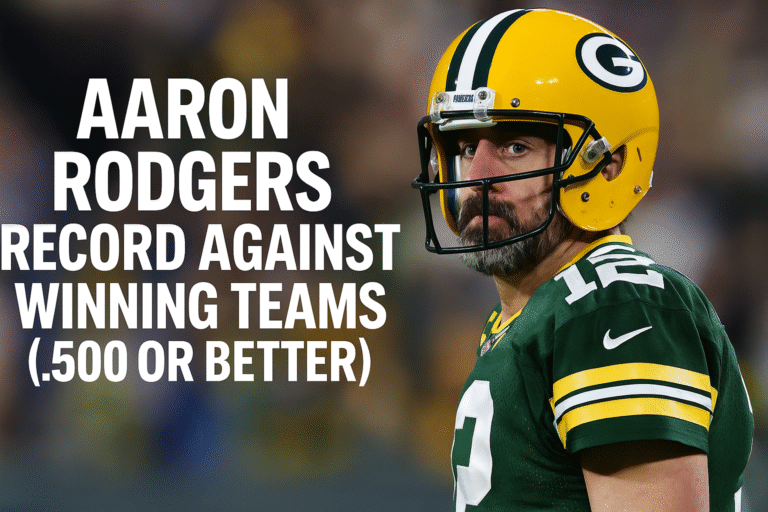 Featured image for Aaron Rodgers article, showing bold text overlay: ‘Aaron Rodgers Record vs Winning Teams (.500 or Better)’ with a green and gold color scheme inspired by the Packers