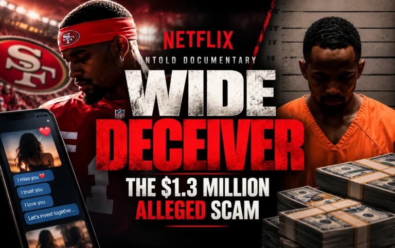 Wide Deceiver documentary graphic about allegations of a fake San Francisco 49ers identity and a $1.3 million romance and investment scam